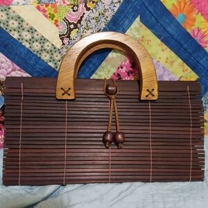 Vintage Woven Handbag by SUKI Wooden Elephant Closure Natural Beaded Bamboo
